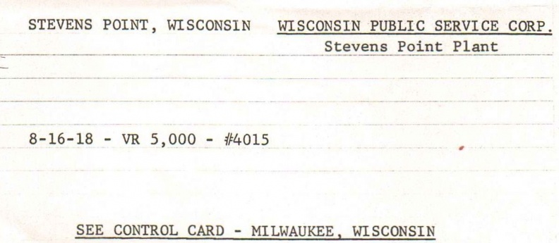 Woodward Governor Company's card file data on the Jorden Power House Stevens Point WI  First model type VR5000 of a oil pressure Woodward Governor ca  1918